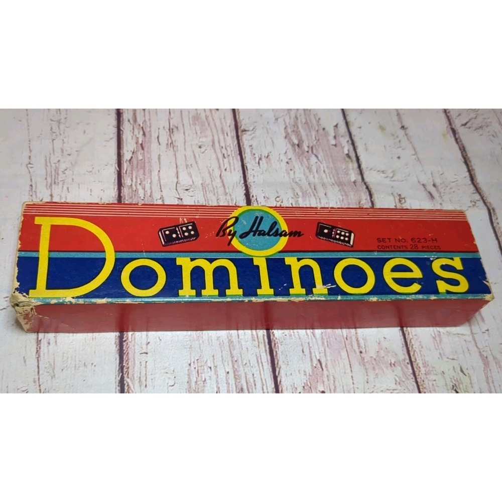 Vintage 1940s Halsam‎ Wooden Dominoes w/ Box 28pc Set 623-H Complete
